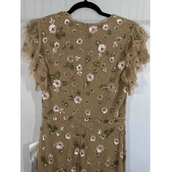 NEW $538 Mac Duggal‎ [ 6 ] Embellished High Neck Flutter Sleeve Gown Nude - Picture 13 of 14